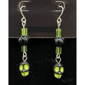 Handmade Neon Yellow & Black Skull with Round Black Bead Earrings by Neanie-Bot